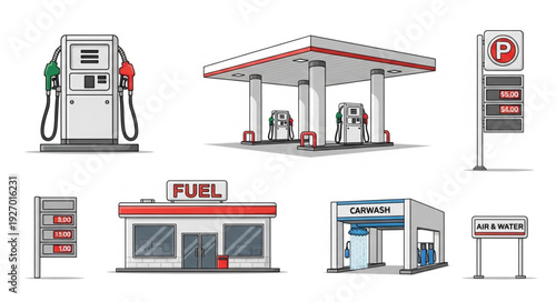 Gas station elements - fuel pumps, canopy, parking sign, shop, and car wash.