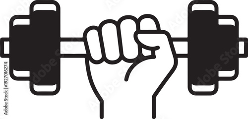 Black silhouette of a clenched fist holding a barbell also transparent background white hand