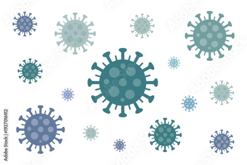 Virus illustration of various blue and green virus particles floating on a light background