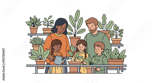 Illustration of a diverse family with two adults and two children standing behind a table with plants in pots on shelves in the background.