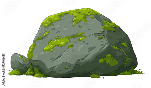 Cartoon-style rock covered in green moss, isolated on a transparent background