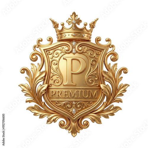 Ornate golden premium shield with crown and letter P isolated on, transparent background