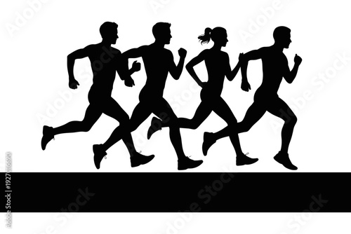 A group of people running together in black silhouette form