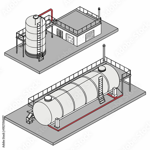 Industrial tanks and buildings with piping system