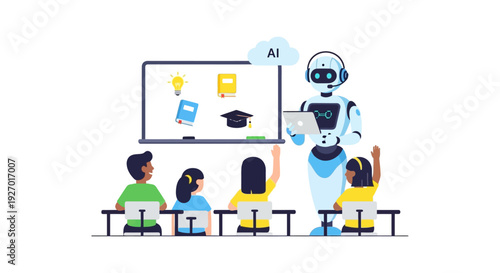 AI Robot Teacher Educating Diverse Students in Classroom. Future of Education Technology and E-learning Concept.