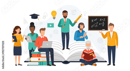 E-learning and Online Education Concept: Diverse Students and Teachers on Giant Book. Lifelong Knowledge Vector Illustration.