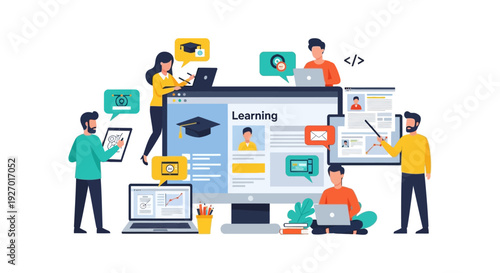 Online Education Platform E-Learning Concept. Students and Teachers Collaborating Remotely in Digital Distance Learning Flat Vector Illustration.