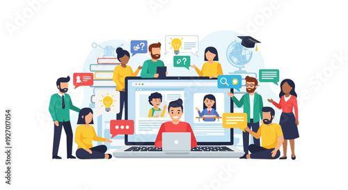 E-Learning and Virtual Classroom. Group of diverse students attending an online video course, digital collaboration, distant education concept flat vector illustration.