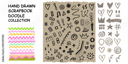 Hand drawn scrapbook doodles and colorful wavy lines collection illustration