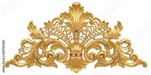 An ornate gold filigree ornament with diamonds and rubies is isolated on, transparent background