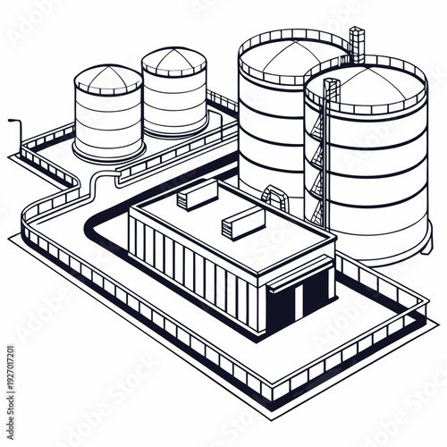 A black and white drawing of a factory with large storage tanks