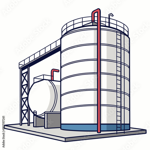 A large industrial storage tank with a walkway