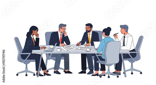 Diverse business team collaborates around a conference table.