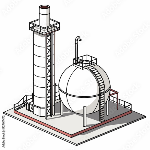 Industrial facility with a large spherical tank and smokestack