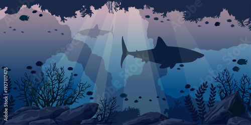 Underwater cave with sharks,coral and fishes. Vector illustration with marine life. Seascape image.