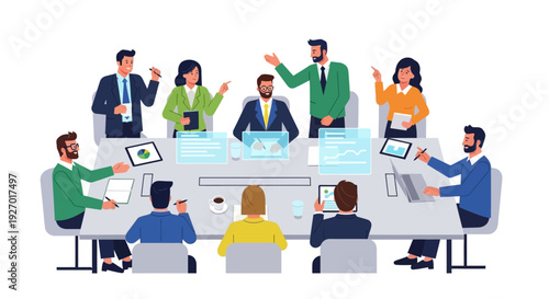 Diverse business team collaborates around a futuristic holographic table.