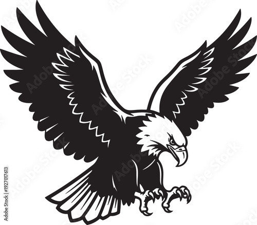 Black silhouette of an eagle with outstretched wings and talons extended also transparent background