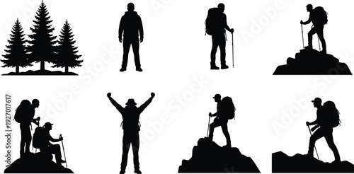 Hiker silhouette collection mountain trekking adventure backpacker climbing forest explorer black isolated vector illustration set