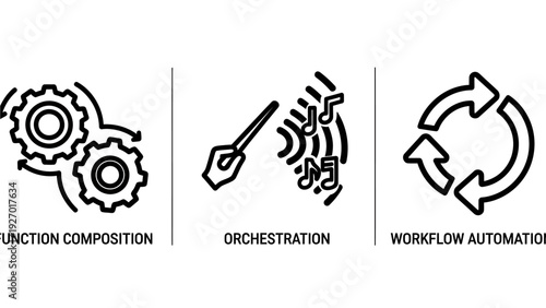 Conceptual icons for function composition, musical orchestration, and automated workflows in technology and business.