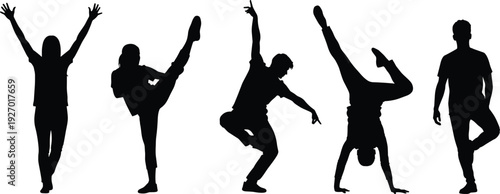 Hip hop dancer silhouette collection, dynamic breakdance poses and freestyle street dance figures isolated on white background vector illustration