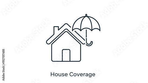 Simple line icon of a house protected by an umbrella, symbolizing home coverage, insurance, and property protection.