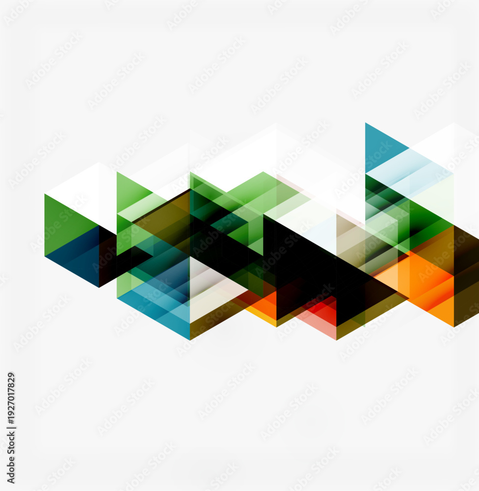 Fototapeta premium Abstract geometric shapes overlap, creating dynamic visual texture. Colors include green, blue, orange, black, white. Modern design element.