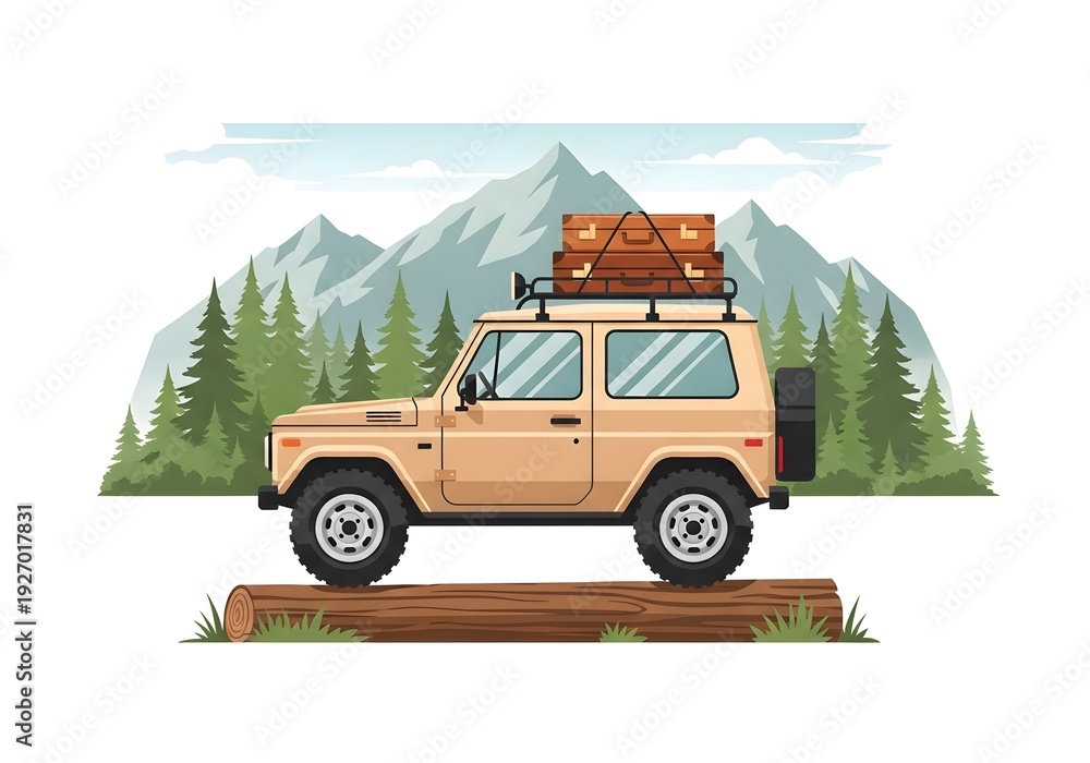 Obraz premium Beige off road vehicle driving on log with mountain forest background