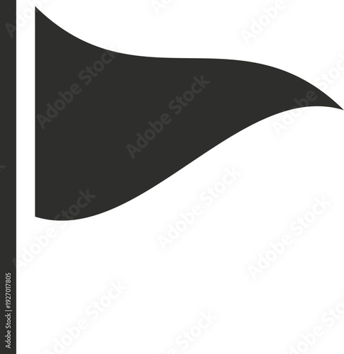 A simple, dark flag flutters dynamically in the wind, attached to a vertical pole, creating a stark silhouette against an unseen background