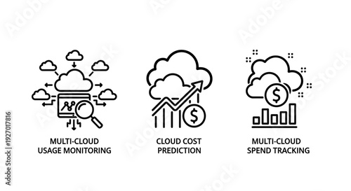 Multi-Cloud Usage Monitoring, Cost Prediction, and Spend Tracking Icons: Concepts for Cloud Computing Financial Management and Optimization