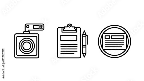 Set of Outline Icons: Dash Camera, Clipboard with Document and Pen, and ID Card for Reporting, Surveillance, and Administrative Tasks.