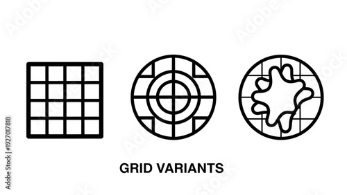 Abstract Grid Patterns and Variants Icons Collection for Design and Technology, featuring Square, Radial, and Organic Mesh Structures.