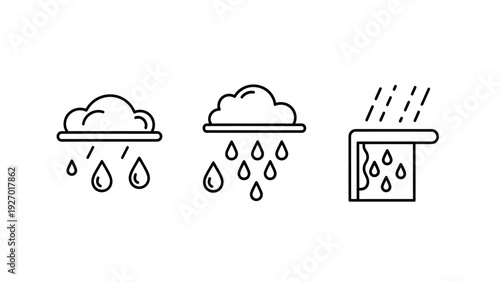 Clouds and Rain Weather Icons Set featuring Light Rain, Heavy Rain, and Roof Gutter Drainage for Climate and Meteorology Illustrations.