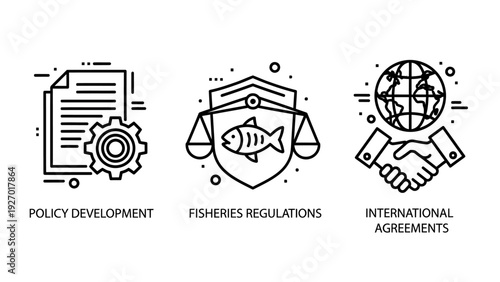 Policy Development, Fisheries Regulations, and International Agreements Outline Icons Set for Governance and Global Diplomacy Concepts.