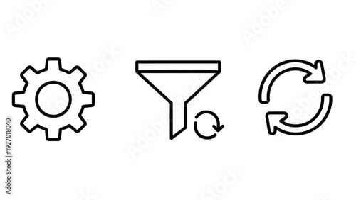 Essential Icons for Process Management: Gear for Settings, Funnel for Filtering, and Arrows for Refresh and Update Cycles in Operations