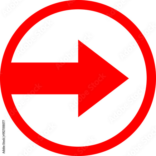 A bold red arrow pointing to the right, enclosed within a red circle against a stark black background, symbolizing direction and movement