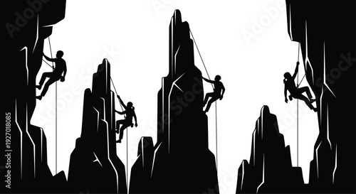 Rock climbers rappelling down steep mountain cliffs, extreme outdoor adventure sport silhouette vector illustration isolated on white background