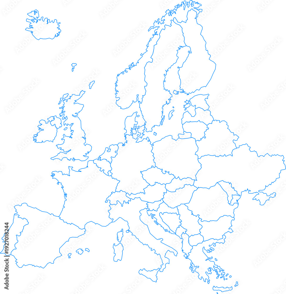 Obraz premium A simple blue outline map of the continent of Europe against a black background, showing country borders