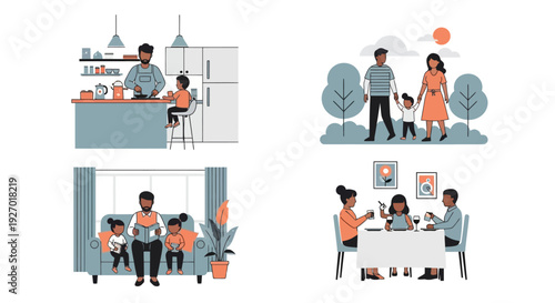 Diverse Family Activities Illustrated in Four Panels.