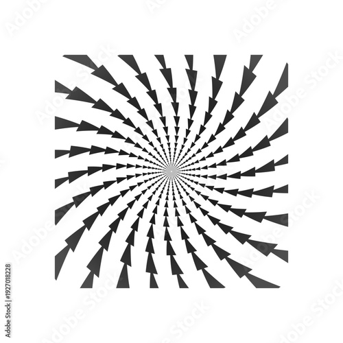 A dark, abstract background features a hypnotic spiral pattern composed of numerous small, dark gray arrows radiating outwards from a central point