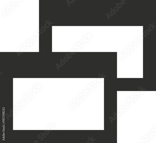 A minimalist composition featuring interlocking dark gray geometric shapes against a slightly lighter gray background, creating a sense of depth and structure