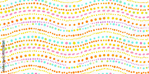 Colorful wavy pattern of scattered polka dots on a white background