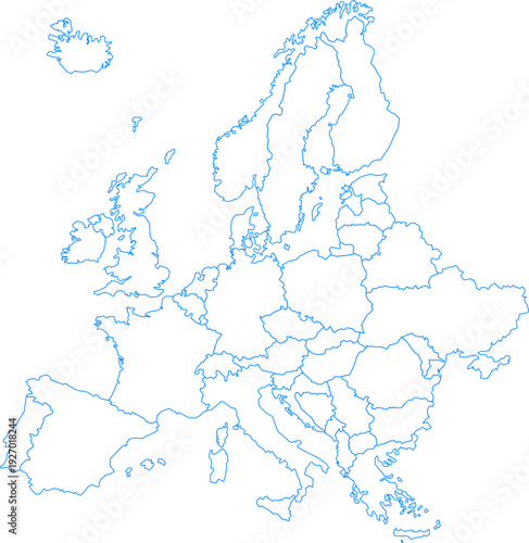 A simple blue outline map of the continent of Europe against a black background, showing country borders