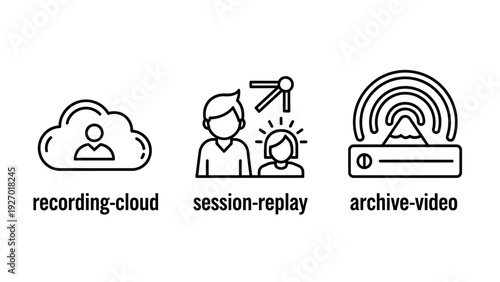 Digital media management icons for cloud recording, session replays, and video archiving for surveillance and content streaming platforms