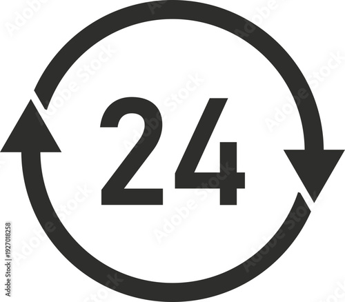 A dark gray circular arrow icon with the number 24 in the center, symbolizing round-the-clock availability and continuous operation