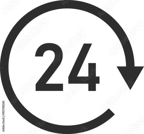 A simple dark gray icon representing 24-hour service or availability, with the number 24 inside a circular arrow