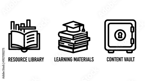 Educational and Digital Content Management Icon Set with Resource Library Books, Learning Materials Stack with Graduation Cap, and Secure Content Vault Safe.