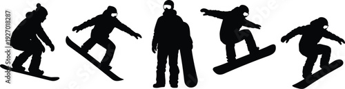 Snowboarder silhouette set winter sport action jump trick rider isolated black vector illustration collection