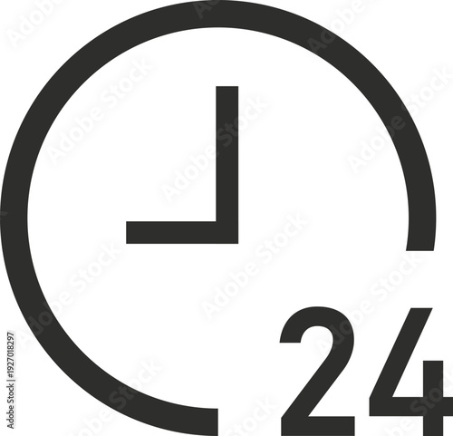 A simple, modern, dark gray icon representing a clock face with the number 24 prominently displayed, symbolizing round-the-clock service or availability