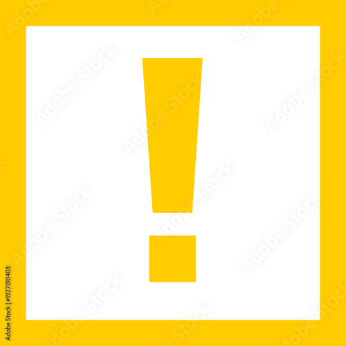 A bold yellow exclamation mark symbol is displayed prominently within a black square, framed by a thick yellow border, signifying an alert or caution