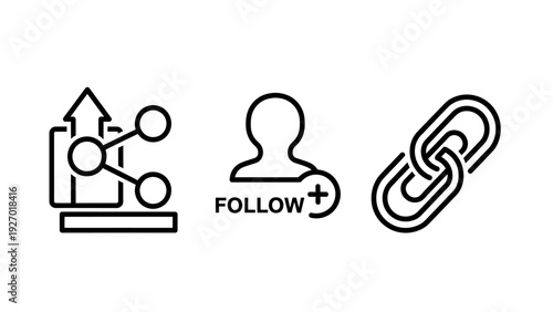 Set of social media interaction icons featuring a share symbol with arrow, a user follow button, and a chain link connection icon for digital networking and web design.
